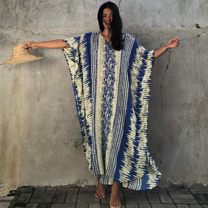 Длинное Хлопковое платье-кафтан в пляжном стиле с принтом змеиных полос богемном