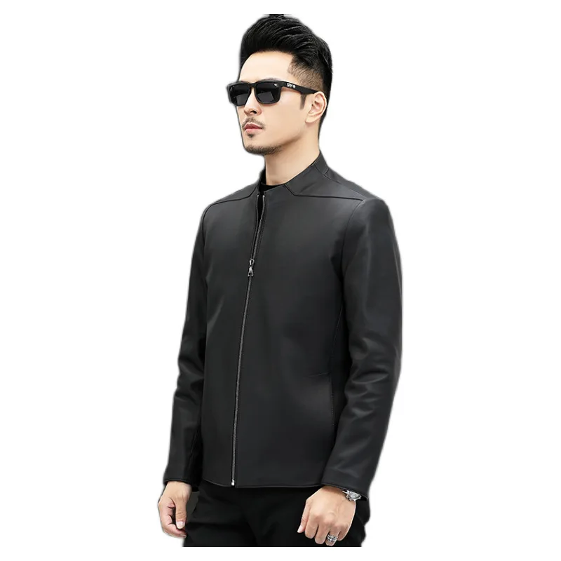 

Haining stand collar leather coat men's simple urban casual men's sheepskin coat leather jacket autumn new style