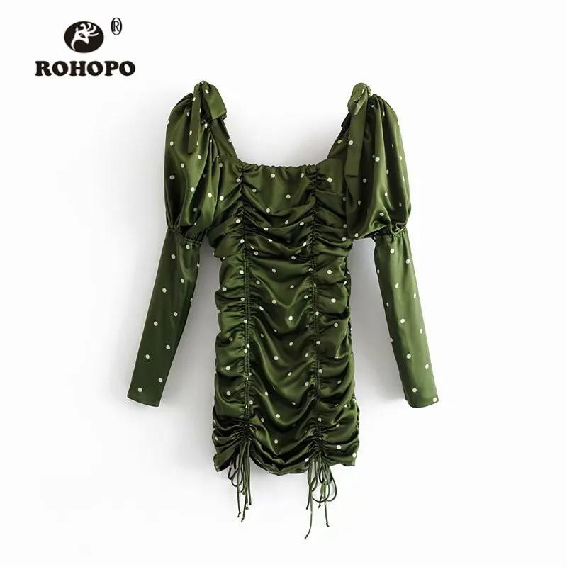 ROHOPO длинный Пышный рукав бант плечо драпировка Bodycon зеленый платье Белый полк точка Регулируемая длина квадратный воротник Vestido#6085 - Цвет: Зеленый