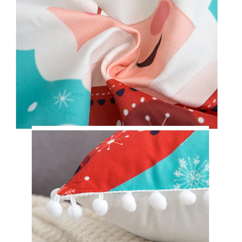 Мягкая бархатная наволочка 45х45 см Рождественское декоративное украшение с помпонами Шар Подушка Санта Альпака для дивана, кровати, стула