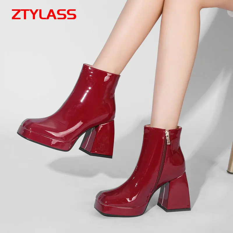 

Patent Pu Leather Platform Shoes Boots Fashion Chunky High Heel Ankle Boots Autumn Winter Zipper Women Boots Black White Red