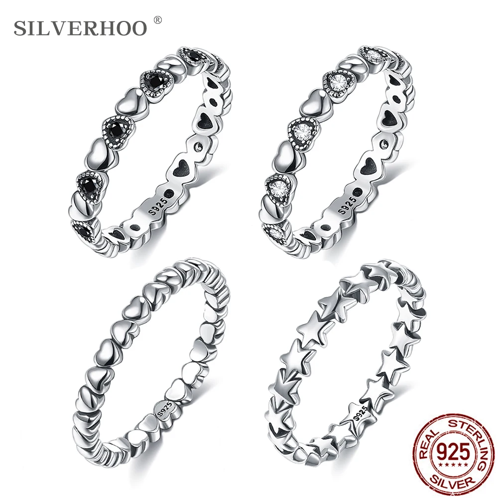

S925 Sterling Silver Star Rings For Women Fine Black Zirconia Female Heart Ring Classic Wedding 925 Silver Jewelry Accessories