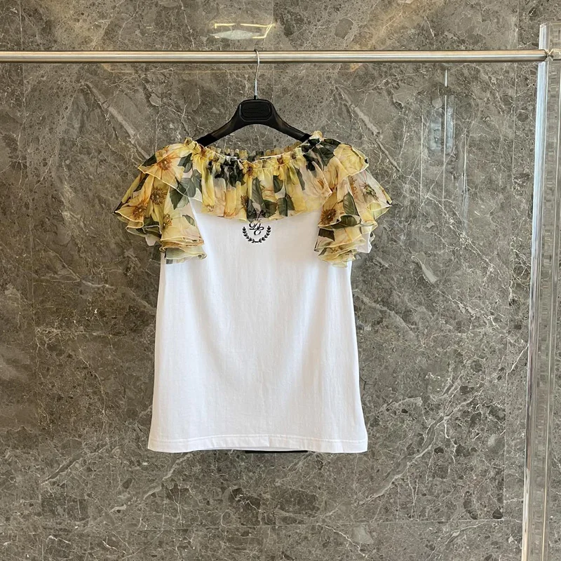 

Женская хлопковая футболка, белая простроченная футболка с желтой органзой, лето 2021