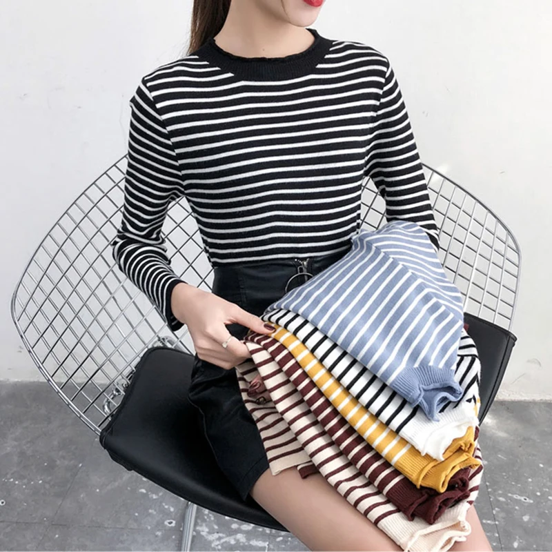 Зимний полосатый вязаный женский свитер с длинным рукавом повседневный пуловер