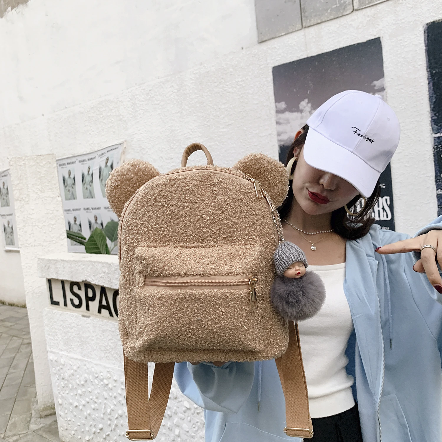 Bear Ears Furry Backpack For Girls 2021 Autum/Winter New Kawaii Backpack Plush Cute Faux Fur Women Shoulders Bag Solid Color