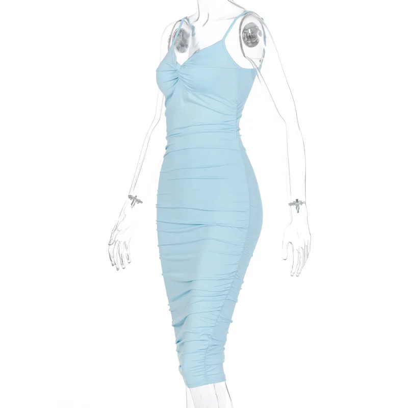 

Backless Sexy Pleated Bodycon Cocktail Dress Party Wrinkles Sleeveless Knee Length V Neck Club Dress Women Robe Coktail Femme