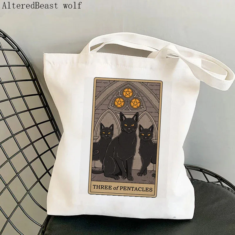 

Women Shopper bag Three of Pentacles cat Tarot Bag Harajuku Shopping Canvas Shopper Bag girl handbag Tote Shoulder Lady Bag