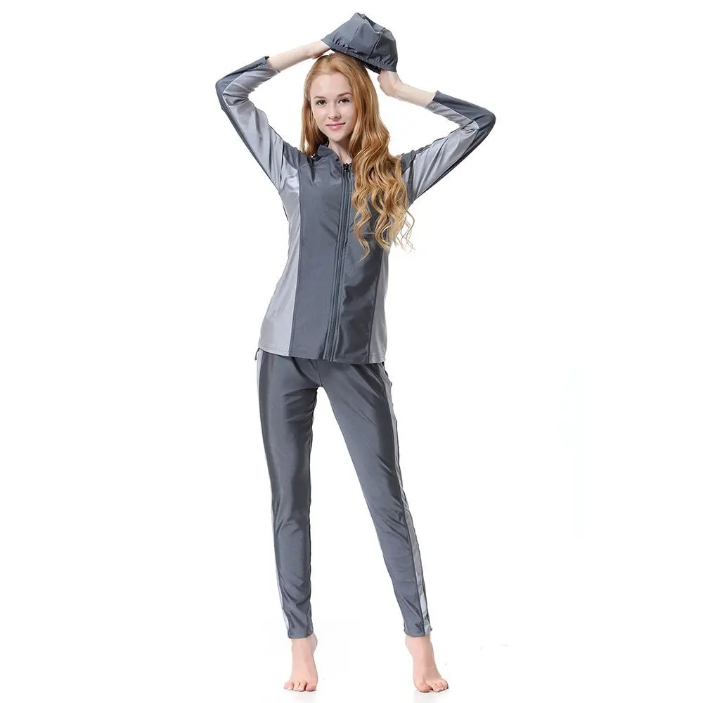 

Full Cover Muslim Swimwear Hajib Islamic Swimsuit For Women Modest Splice Conservative Burkinis Swim Wear With Zipper