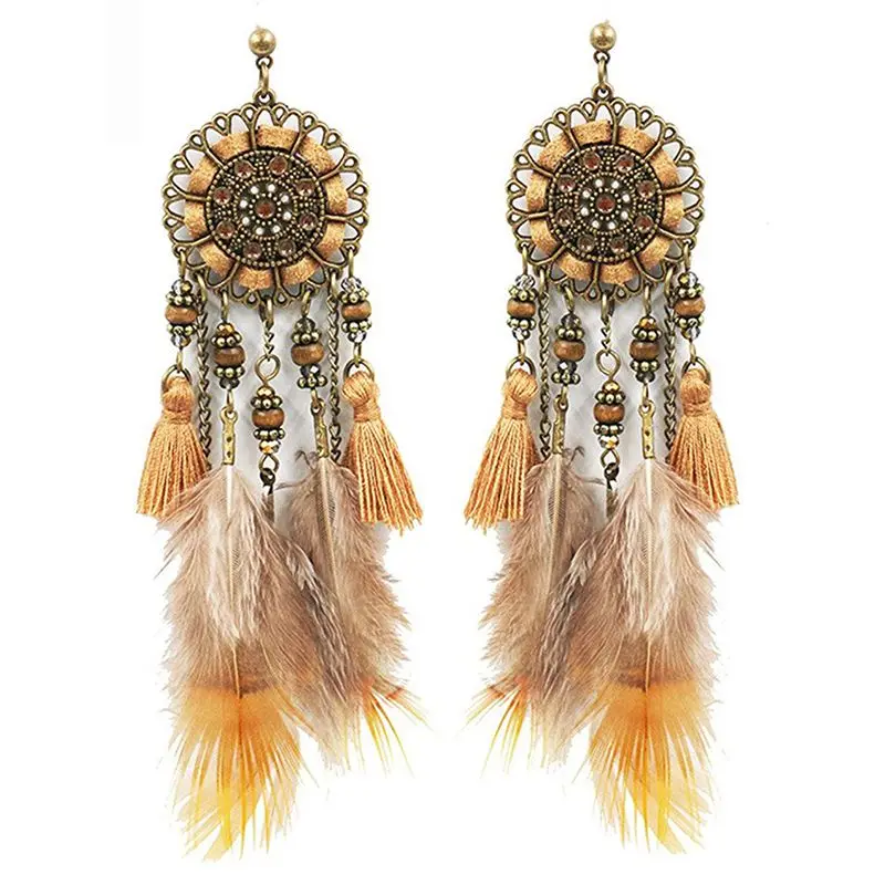 Винтажная Этническая бижутерия Ловец снов круглые с натуральными перьями