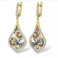 vintage gold color flower dragonfly oil dripping inlaid crystal rhinestone zircon clip earrings for party jewelry