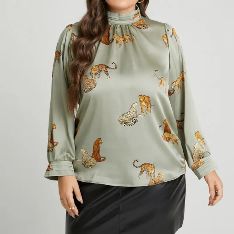 

2022 Women Satin Blouses Celmia Plus Size Autumn Elegant Long Sleeve Shirt Fashion Stand Collar Tops Casual Printed Blusas Femme