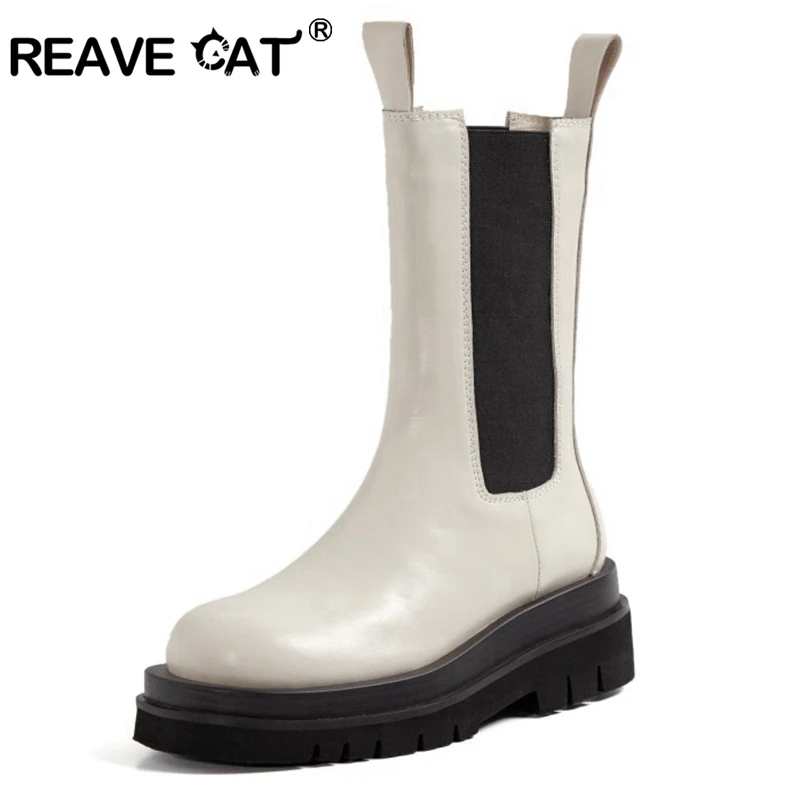 

Женские ботильоны из натуральной кожи REAVE CAT, зимние ботинки челси на толстой подошве, до щиколотки, на платформе, Размеры 33-43