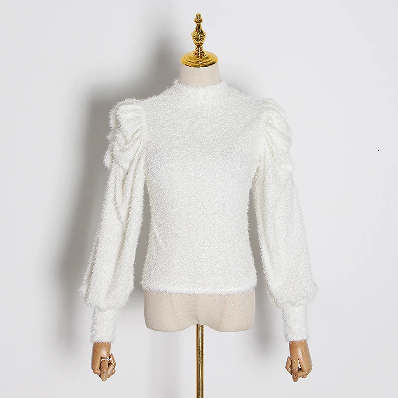white TWOTWINSTYLE кашемировый элегантный вязаный свитер для женщин, круглый вырез, фонарь, длинный рукав, свободный женский свитер, осенняя мода, новинка - Цвет: white