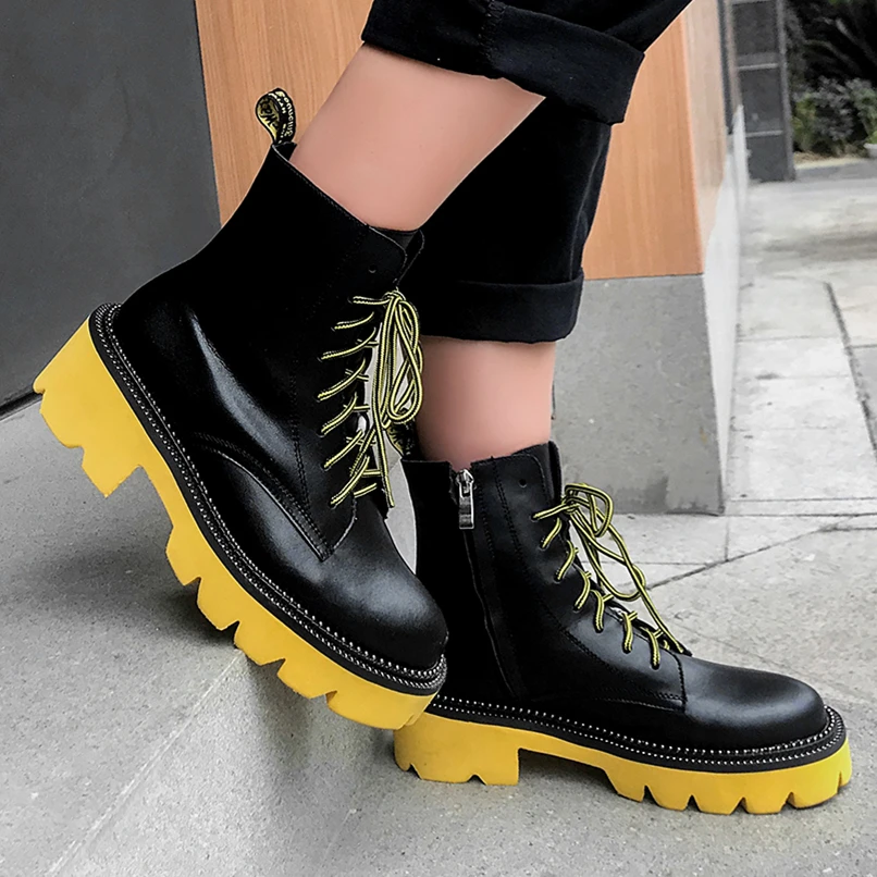 Buono Scarpe Mixed Color Women Ankle Boots Lace Up Female Ankle Botas Mujer Thick Bottom Genuine Leather Boots Fenimina Non-Slip