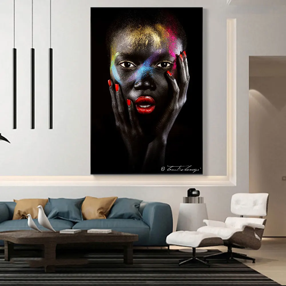 

Canvas Painting African Black Nude Woman whith Colourful Face Picture Wall Art Posters Oil Painting For Living Room Home Decor