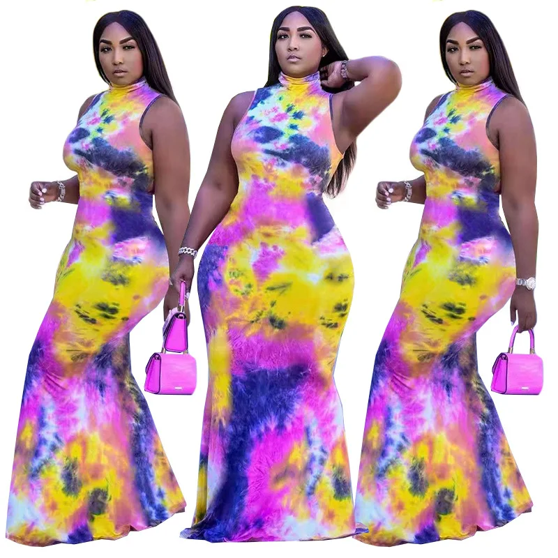 

Echoine Women Fashion Printed Tie-dye Sleeveless Hip Dress Floor-Length Street Wear Summer One Piece Dress Drop Shipping 2021