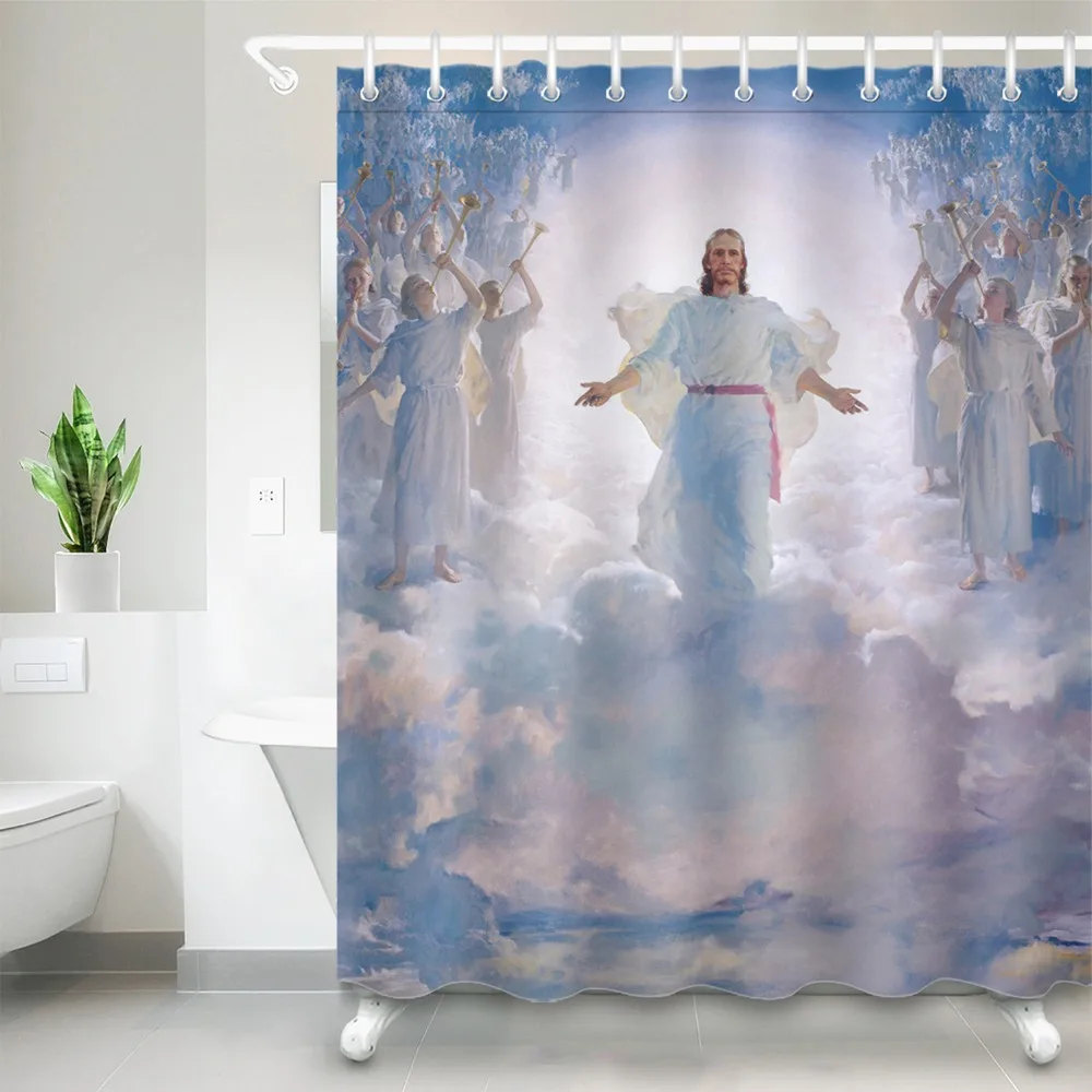 

LB Jesus Christ And Angel Shower Curtain Bible Stories Bathroom Waterproof Mildew Resistant Polyester Fabric For Bathtub Decor