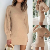 leosoxs 2020 autumn winter fashion sexy turtleneck womens mini package hip dress casual bodycon solid long sleeve ladies dress