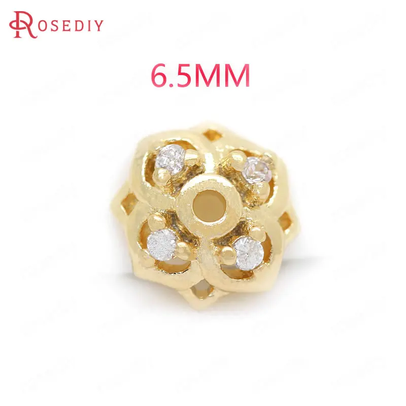 

(F276)6 pieces 6.5mm 8mm 10mm 24K Gold Color Brass + Zircon Flower Beads Caps High Quality Findings Accessories wholesale