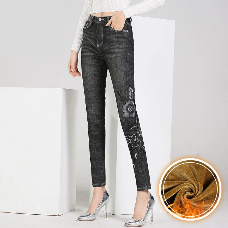 FERZIGE 2019 новые зимние теплые толстые джинсы женские брюки с высокой талией и