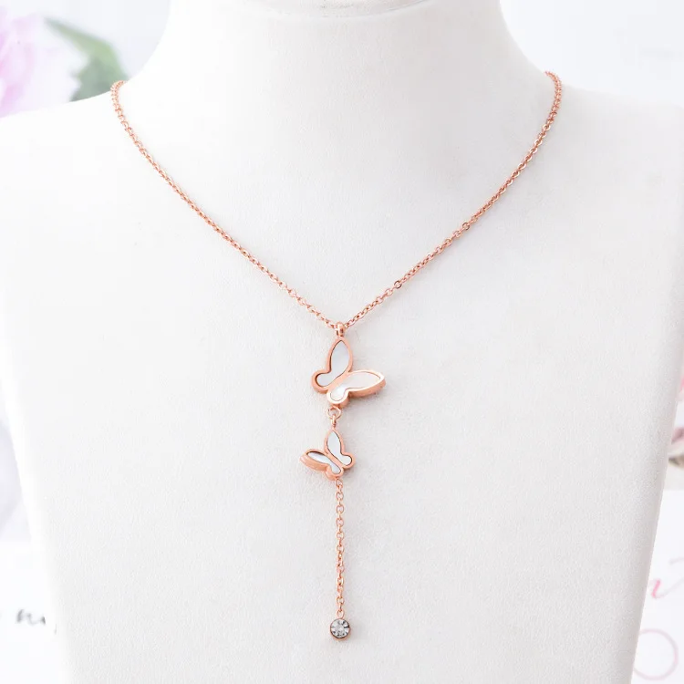 

Fashion double butterfly tassel necklace titanium steel clavicle chain female wild jewelry hot sale