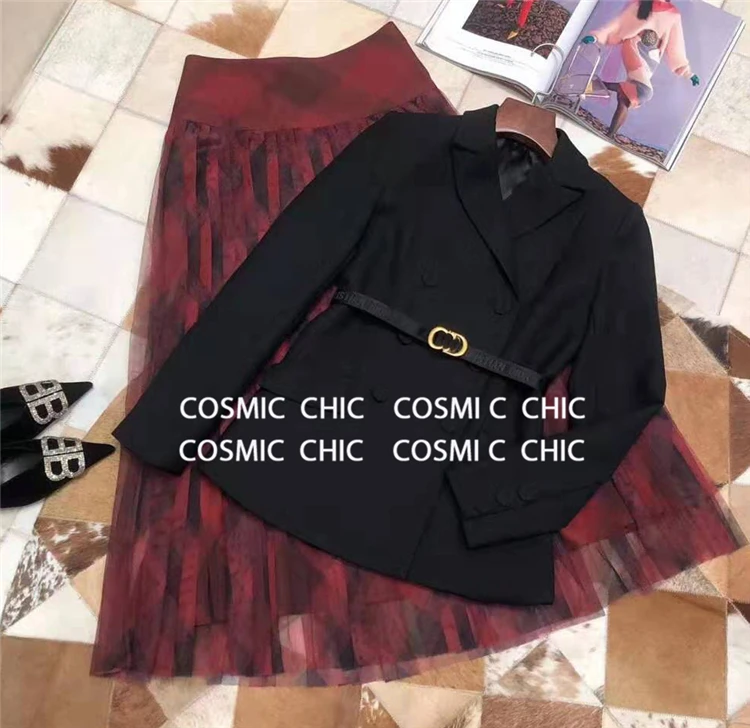 Cosmicchic, Женский Осенний Блейзер, юбка, комплект из 2 предметов, шерстяная куртка с длинными рукавами и поясом, красная клетчатая сетчатая юбка, Плиссированные Юбки-миди, костюм