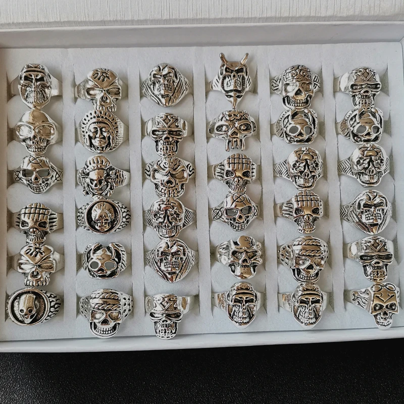 10 шт./Оптовая партия Оптовая продажа Кольца с черепом Скелет Винтажный готический металлический панк-стиль Демонические украшения для женщин, мужчин вечеринка Подарочное использование.