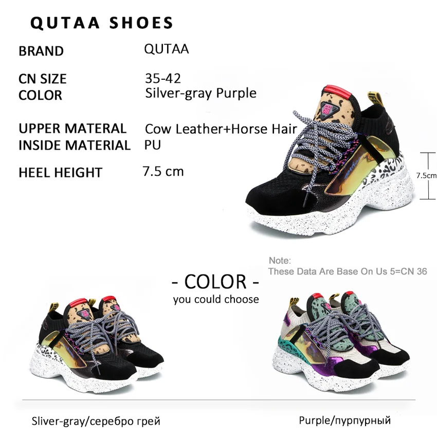 

QUTAA 2020 Women Shoes Genuine Leather Wedges High Heel Round Toe Leopard Platform Lace Up Spring Summer Ladies Sneakers 35-39