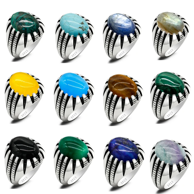 

Solid 925 Sterling Silver Ring for Men with Natural Stone Turquoise/Agate/Malachite/Lapis/Kyanite Gemstone Turkish Jewelry Gift