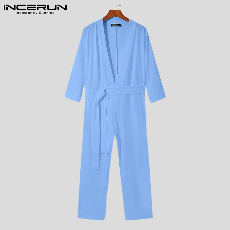 INCERUN Comfortable Homewear New Men Sexy Leisure V-neck Jumpsuits Male Solid Color All-match Simple Sleeve Bodysuits S-5XL 2023