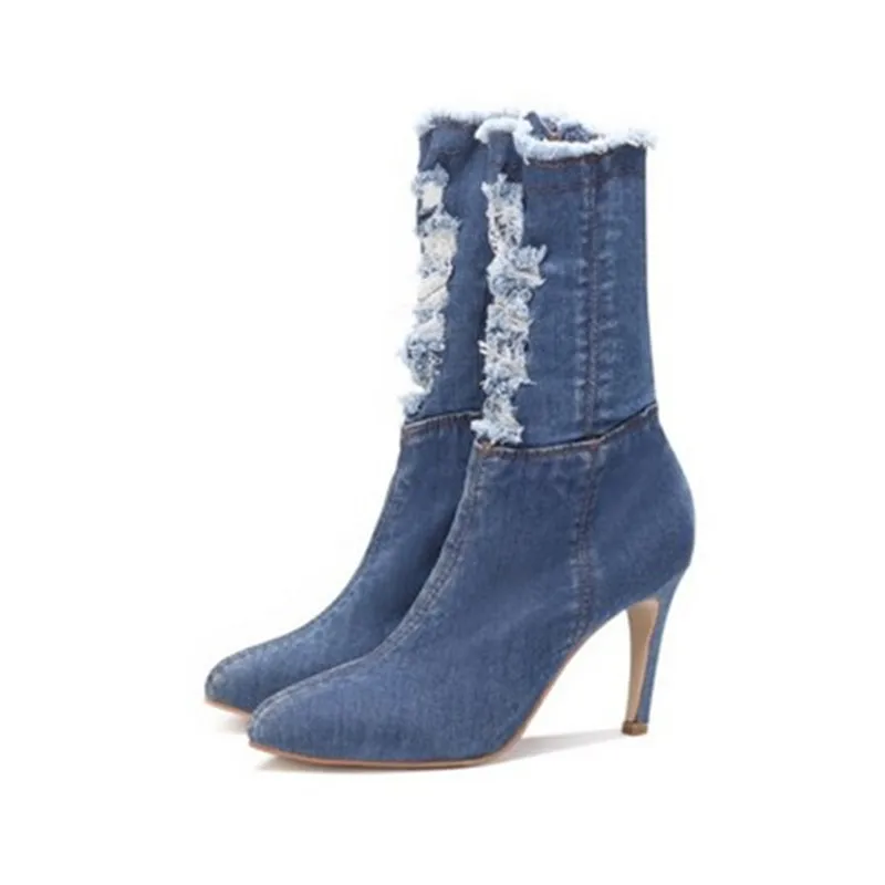 Женские джинсовые ботинки повседневные до середины икры с острым носком на