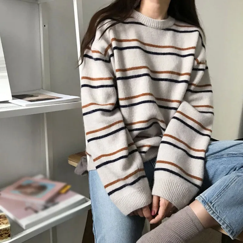 Fashion Stripe Women Sweaters Autumn Winter O Neck Pull Femme Pullovers Female Long Sleeve Loose Casual Knitted Sweater | Женская одежда
