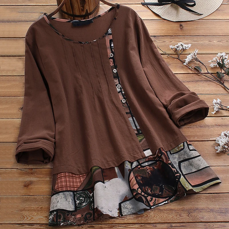 Лоскутная Женская Туника размера плюс весна 2020 Повседневная блуза с круглым