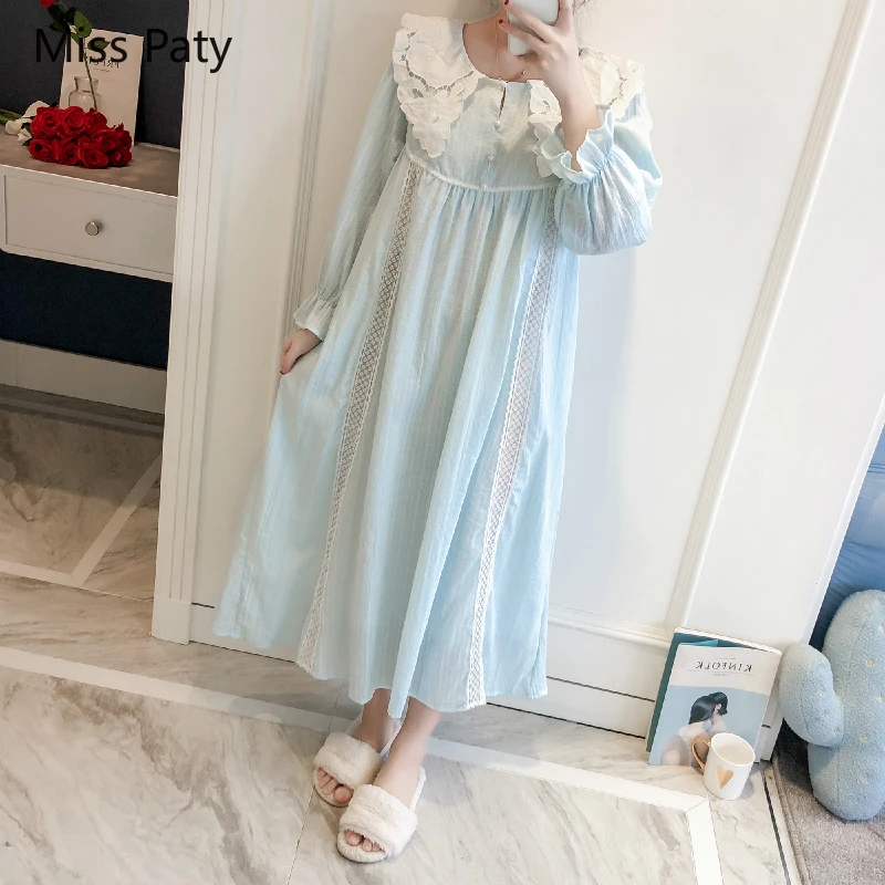 Новинка Женская весенне летняя хлопковая кружевная ночная сорочка с воротником