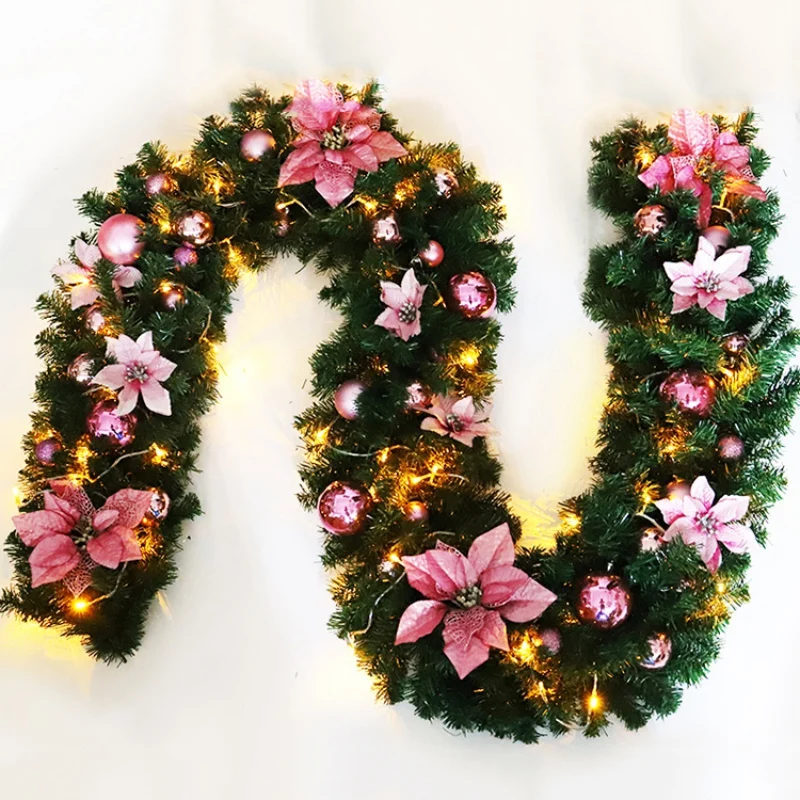 

LED Pre-lit Christmas Wreath Mixed-Decorated Christmas Rattan Artificial Flower Vine Plant Garden Gate Home Decoration 8.8-foot