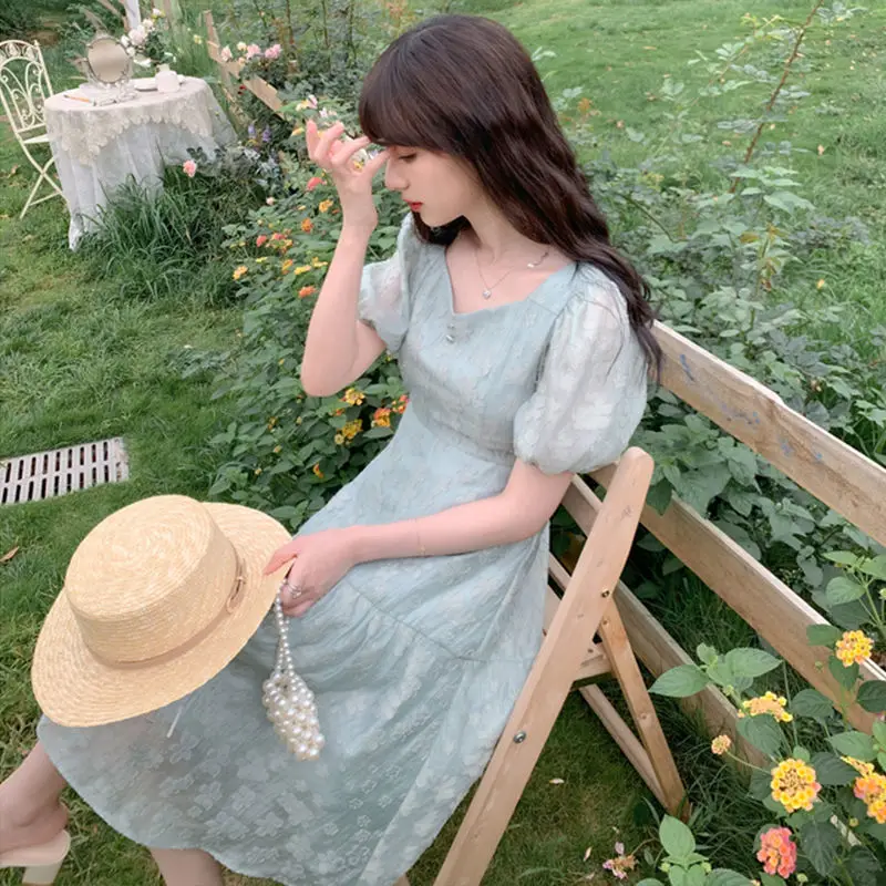 

V-neck Vintage Elegant Dress Women Puff Sleeve Floral Printed Dress Bow Design One Piece Dress Korean 2021 Summer Office Lady