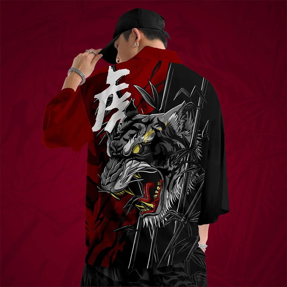 

Кимоно в японском стиле для мужчин и женщин, традиционный кардиган с принтом тигра и тигра, летнее японское кимоно с узором из девяти точек, брюки