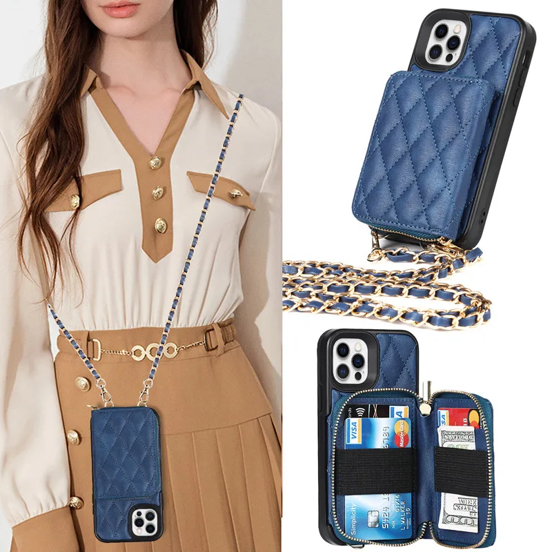 

Luxury Grid Wallet Shoulder Chain Phone Case For IPhone 12 Mini 11 Pro XS Max XR X 7 8 Plus SE 2020 Cover PU Leather Split Card