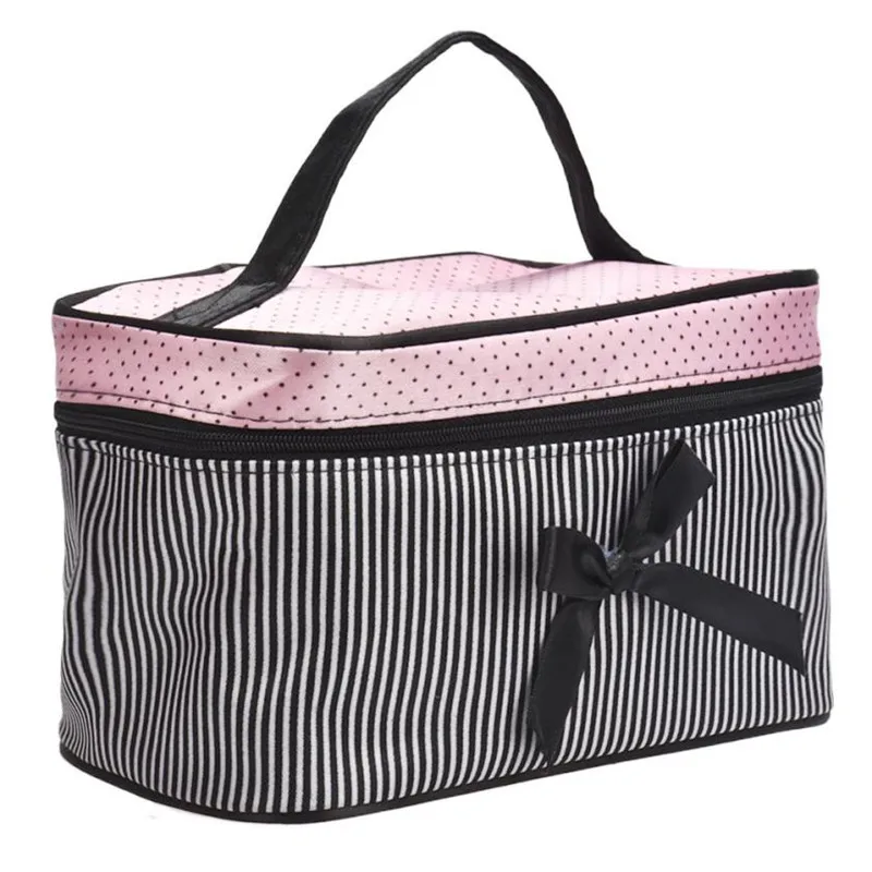 Designer Cosmetic Bags Women Bag Square Bow Stripe Dot Organizer Travel Makeup Case Box Necessaries | Красота и здоровье