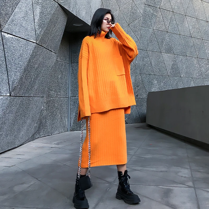 [EAM] Half-body Skirt Knittng Big Size Two Pieces Suit New Turtleneck Long Sleeve Loose Women Fashion Spring Autumn 1K341