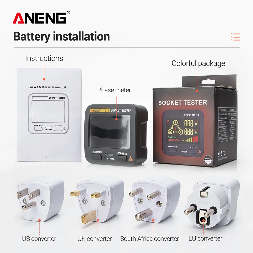 ANENG-Detector Digital de polaridad de circuito, enchufe de voltaje, enchufe de salida, enchufe US/UK/EU/AU, AC11