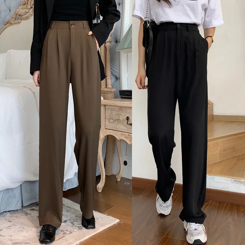 

2021 Retro Solid Color Wild Straight Blazer Pants Female Spring New Korean Fashion High Waist Casual Long Pants