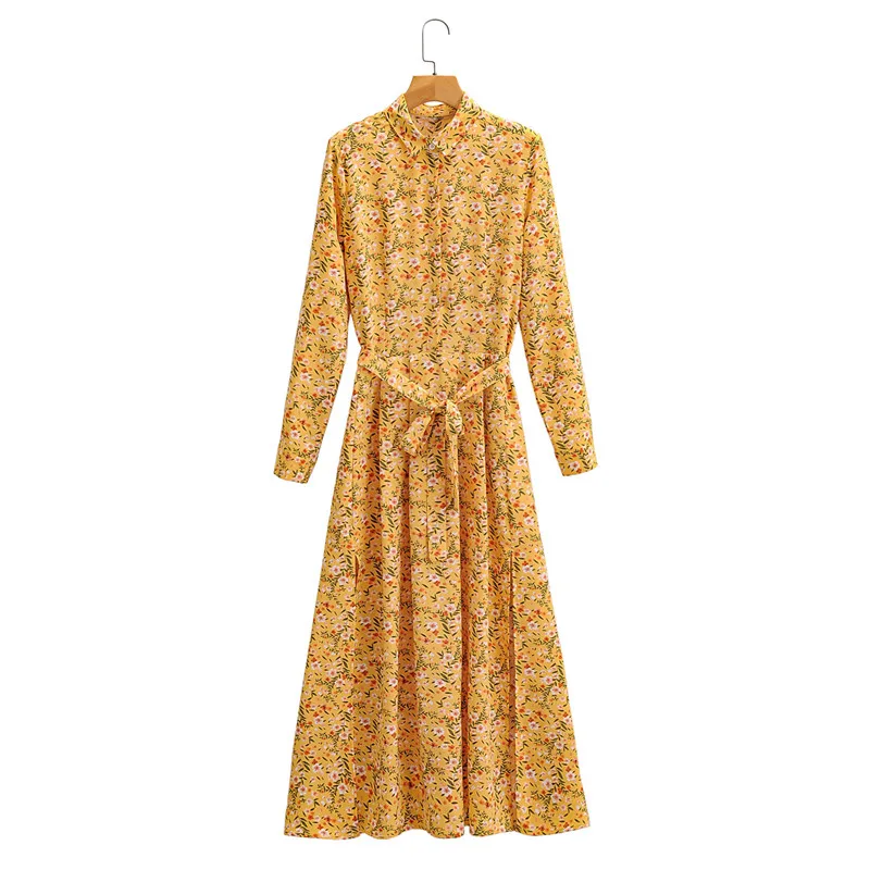 

2020 elegant women yellow floral print za long dress with belt chic lady autumn long sleeve high waist a-line dresss femme