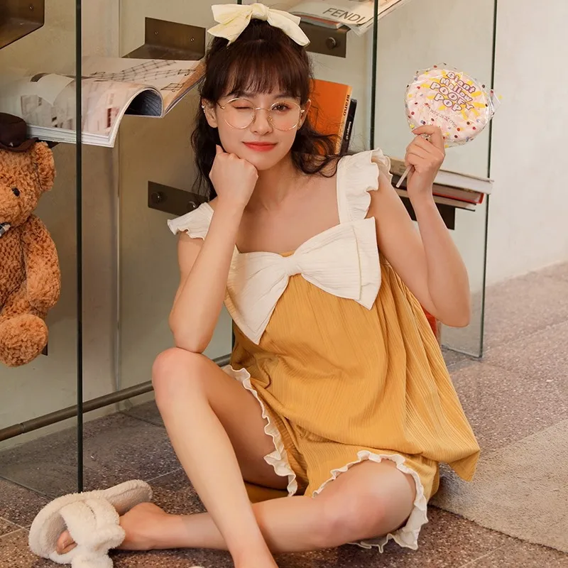 

New 2021 Summer Pajamas Women Suspender Shorts Thin Cartoon Cute Korean Slash Neck Women's Homewear Yellow Bows Kawaii Sleepwear