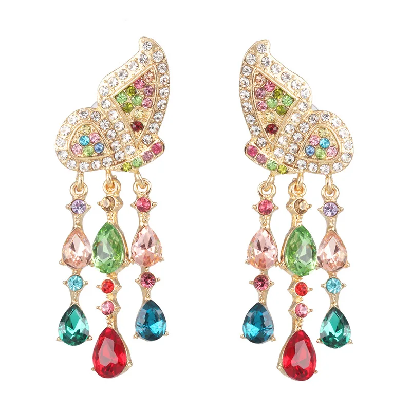 

Butterfly inlaid rhinestone earrings， trend water drop tassel earrings ，European and American style ，female jewelry wholesale