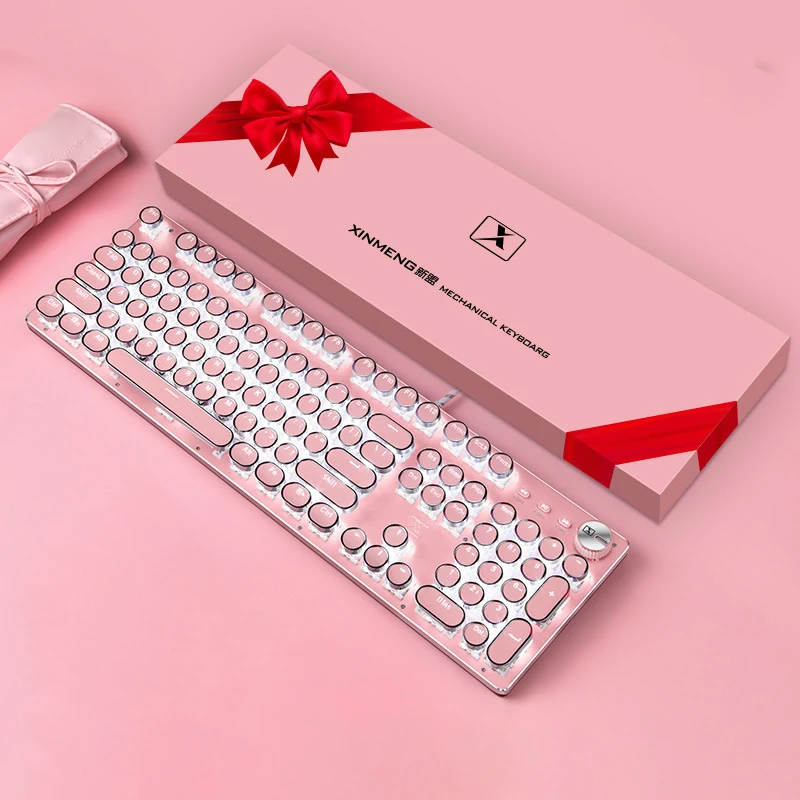 

2021 механическая клавиатура в стиле панк с круглыми клавишами, 87 клавиш, зеленая ось, розовая, для девочек, механическая, для фестиваля, Хэлло...