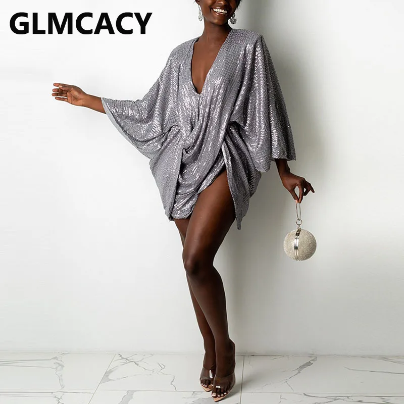 

Women Batwing Sleeve V Neck Sequined Open Back Mini Dress