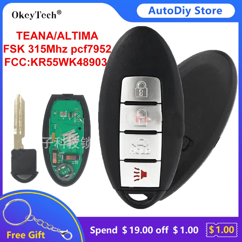 

Okeytech 3+1 Buttons FSK 315Mhz ID46 PCF7952 Smart Card For Nissan TEANA ALTIMA MAXIMA KR55WK48903 Keyless Go Fob Car Remote Key