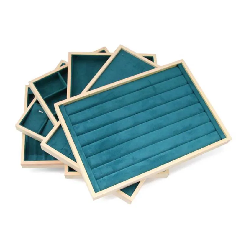 

New Arrival Green Flannel Wooden Frame Jewelry Organizer Jewellery Storage Box Rings Earrings Holder Necklaces Stand Wholesale