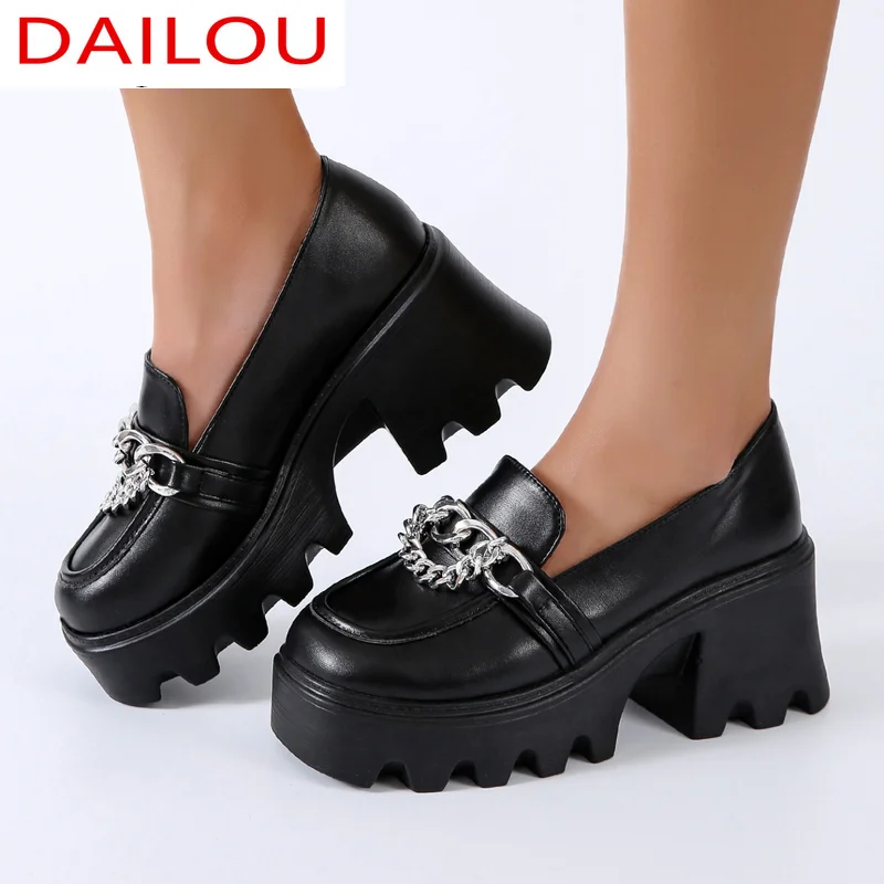 

Женские ботильоны из искусственной кожи на высоком каблуке, с круглым носком, на платформе, с металлической цепочкой, повседневные, осень 2021